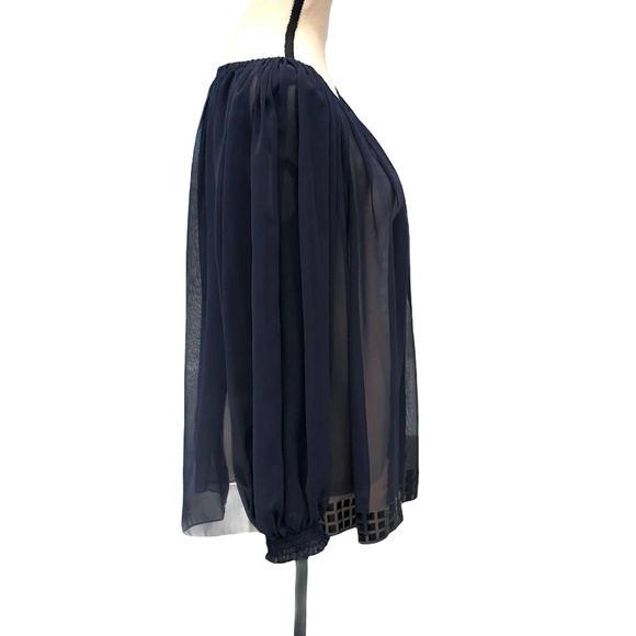 VIE TA VIE NAVY SALLY BLOUSE OFF-THE-SHOULDER SEMI SHEER TOP WITH SCARF/BELT - Picture 9 of 14